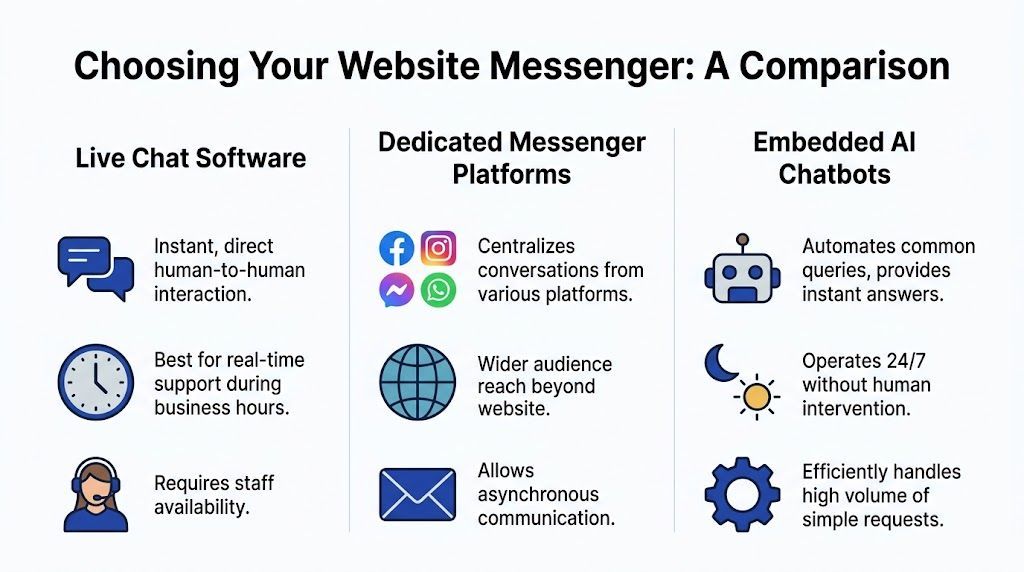 A comparison chart highlighting the differences between live chat software, dedicated messenger platforms, and embedded AI chatbots.