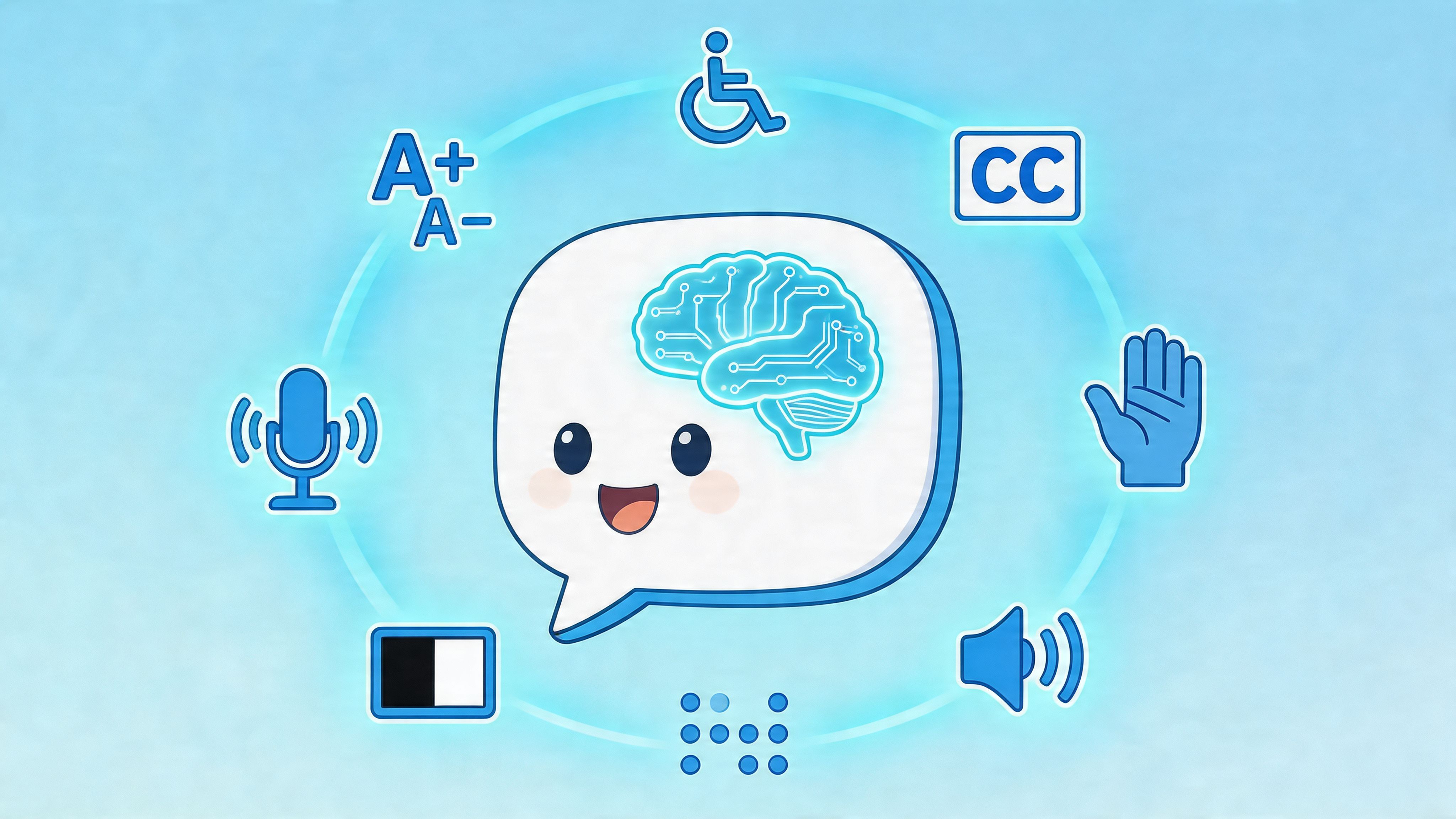 A friendly chat bubble character with a digital brain surrounded by various accessibility and communication icons.