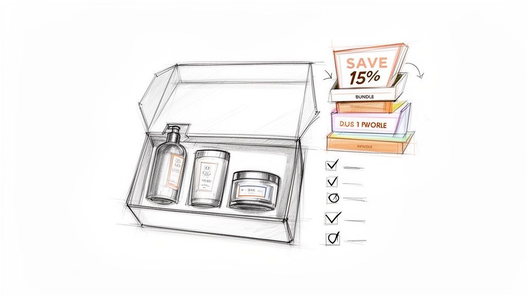 Sketch illustrating a product bundle concept with cosmetic items in a box and stacked discount boxes.