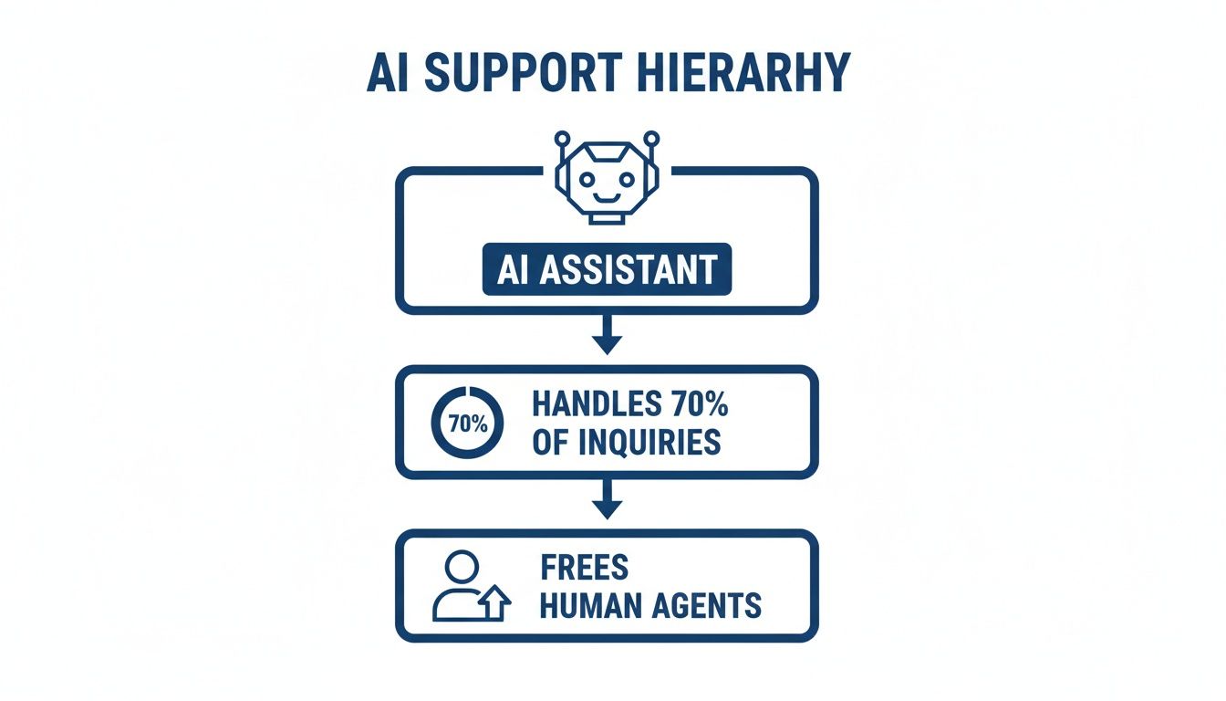 A diagram illustrating the AI support hierarchy: AI assistant handles 70% of inquiries, freeing human agents.