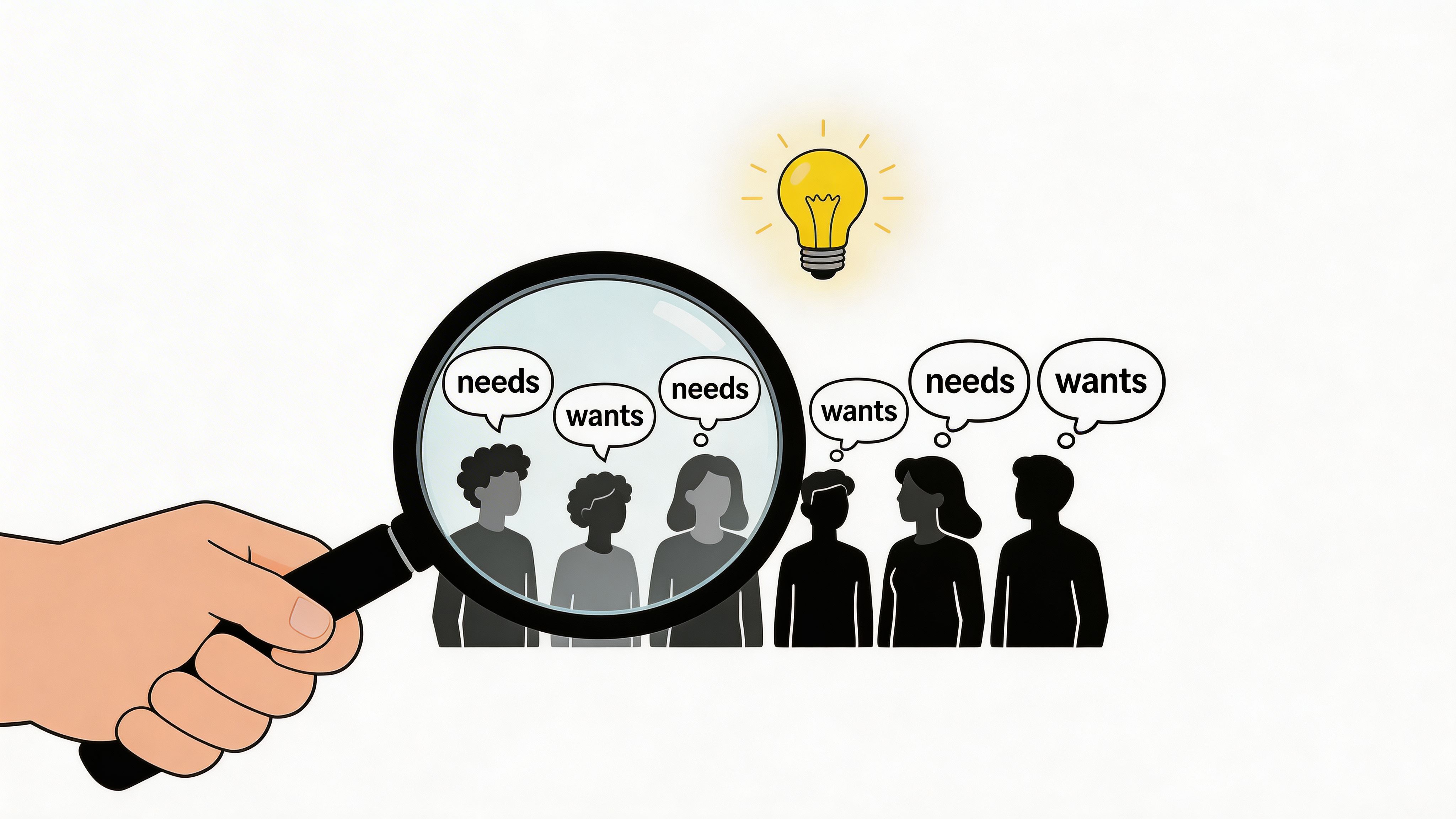 A magnifying glass focusing on people with thought bubbles labeled as needs and wants in a business context.