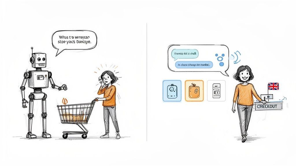 Illustration depicting a frustrating shopping experience with a robot versus a smooth checkout with AI help.