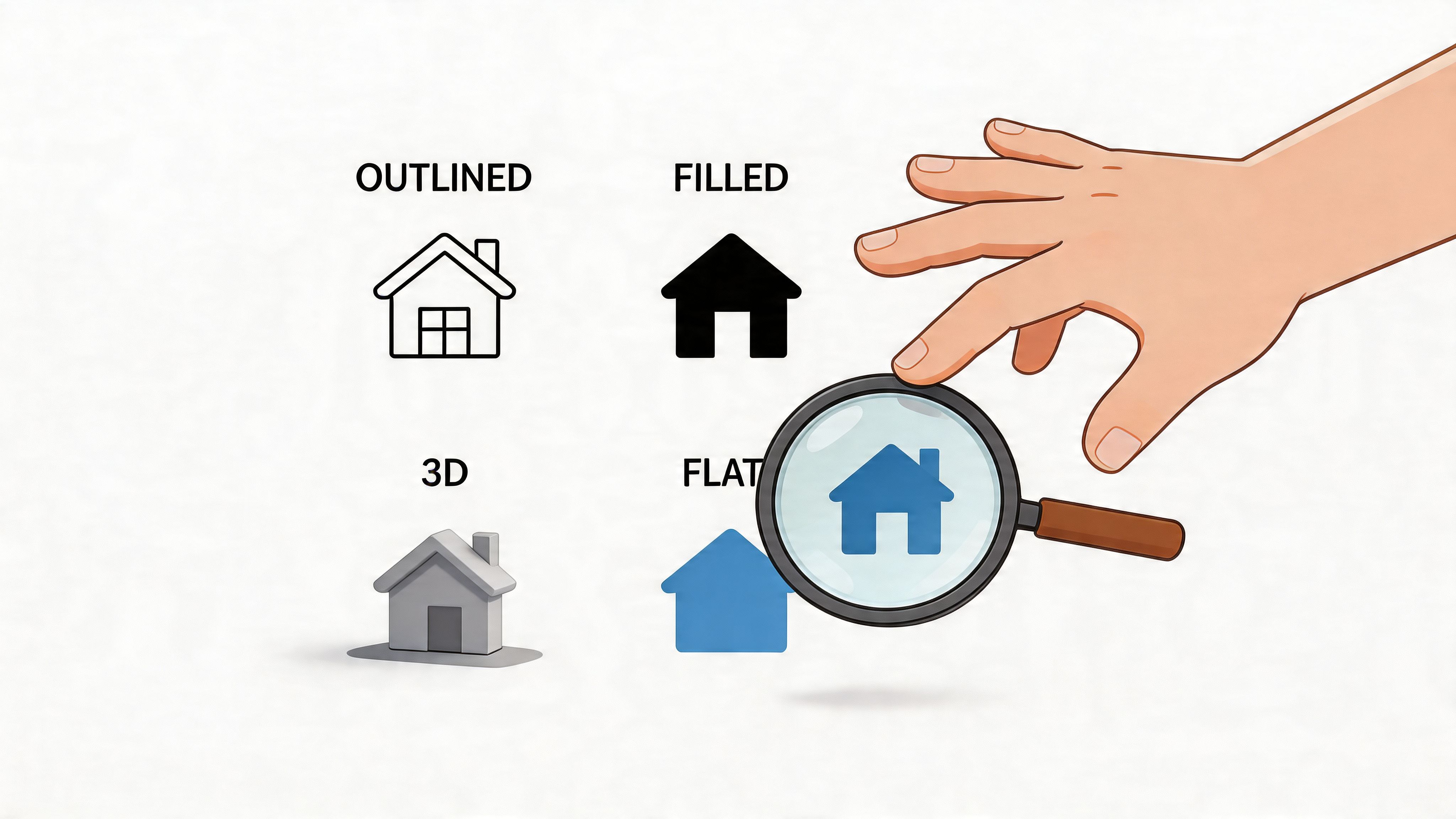 A hand holds a magnifying glass over a flat blue house icon, highlighting different graphic icon styles.