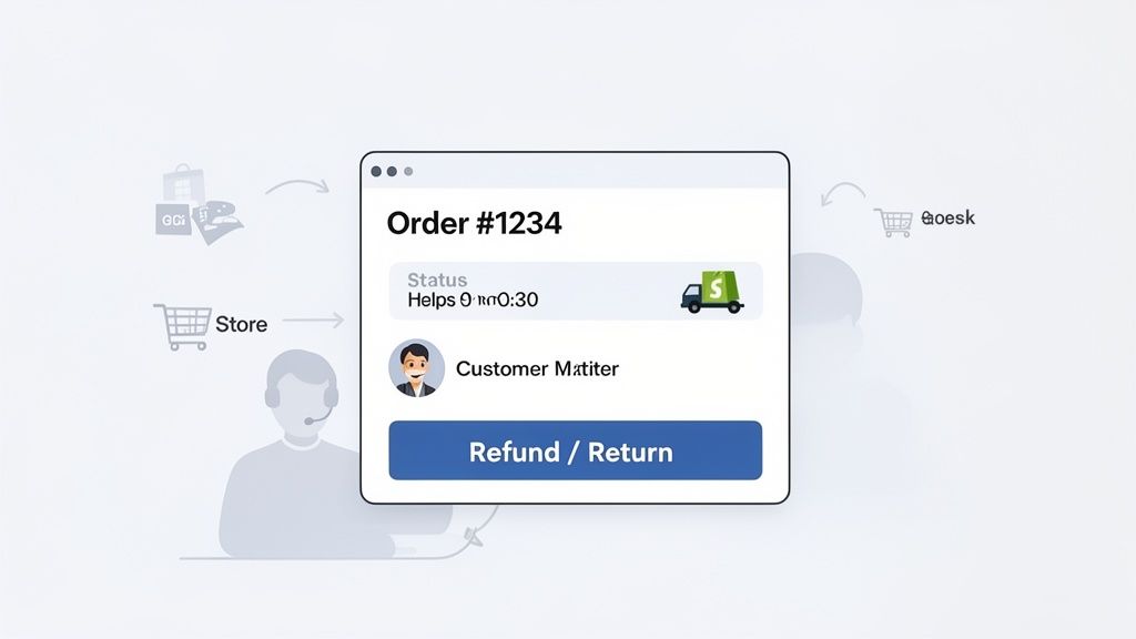 A UI window displaying Order #1234, customer details, status with a delivery truck icon, and a 'Refund / Return' button, surrounded by store and customer service icons.