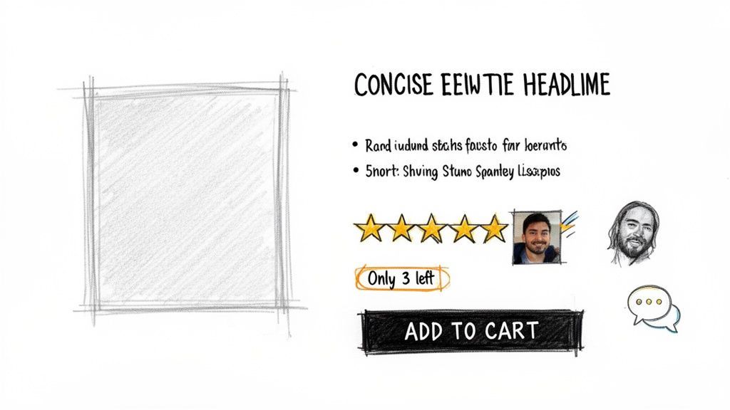 Hand-drawn e-commerce product page sketch featuring ratings, 'Add to Cart' button, and customer testimonials.