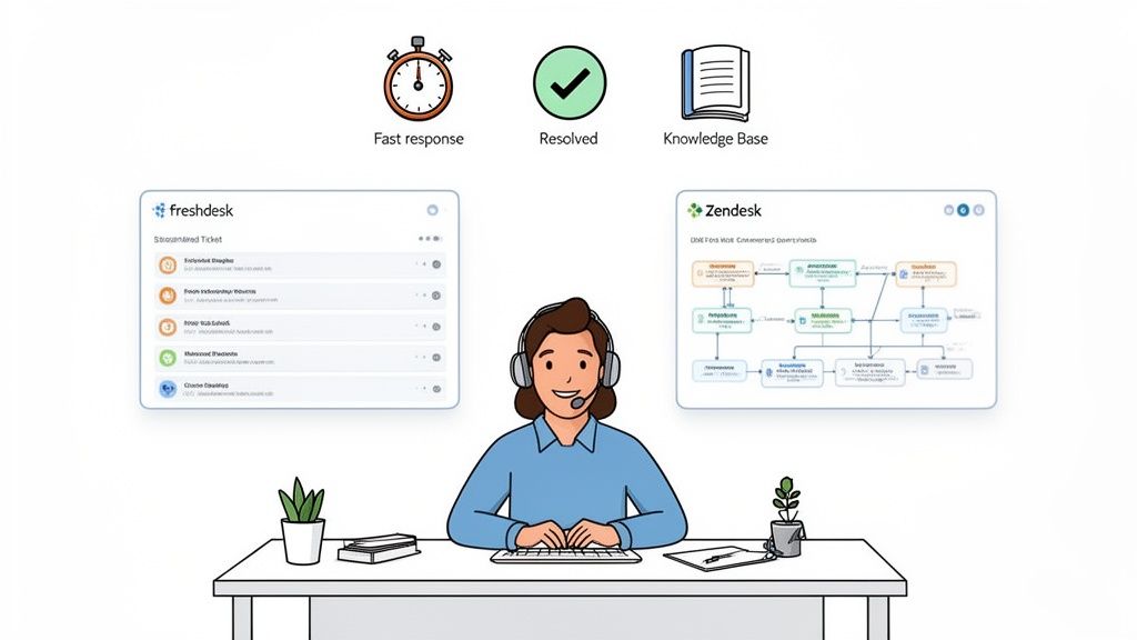 Customer support agent at desk, with Freshdesk and Zendesk interfaces, illustrating fast response and knowledge base.