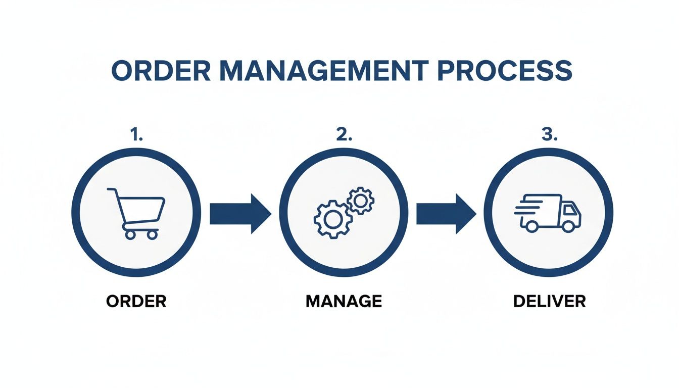 Infographic showing the three-step order management process: order, manage, and deliver.