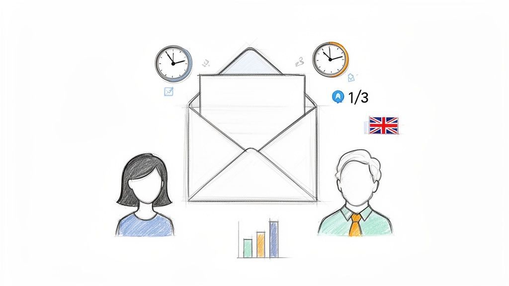 Illustration of customer service email interaction, showing people, time, and performance metrics.