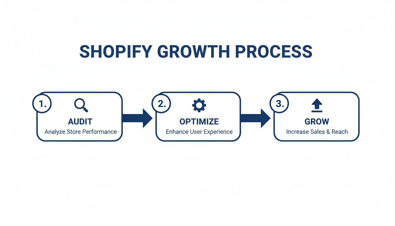 A diagram illustrates the 3-step Shopify growth process: audit, optimize, and grow sales.