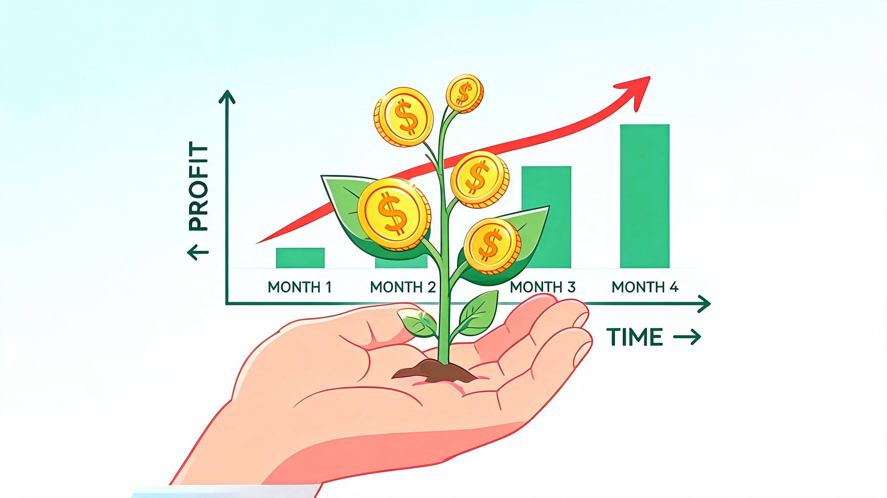 A hand holding a plant with dollar coins growing as leaves against a rising profit graph.
