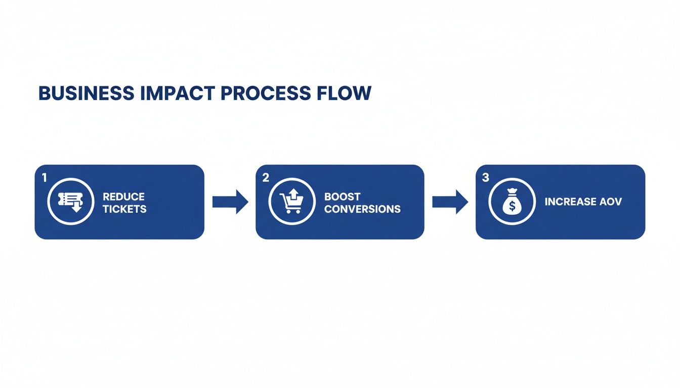 A business impact process flow illustrating three steps: reduce tickets, boost conversions, increase AOV.
