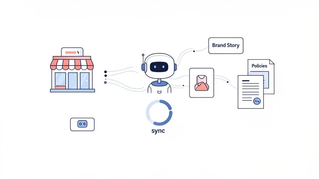Illustration showing a chatbot integrating a storefront with brand stories and policies for automated service.