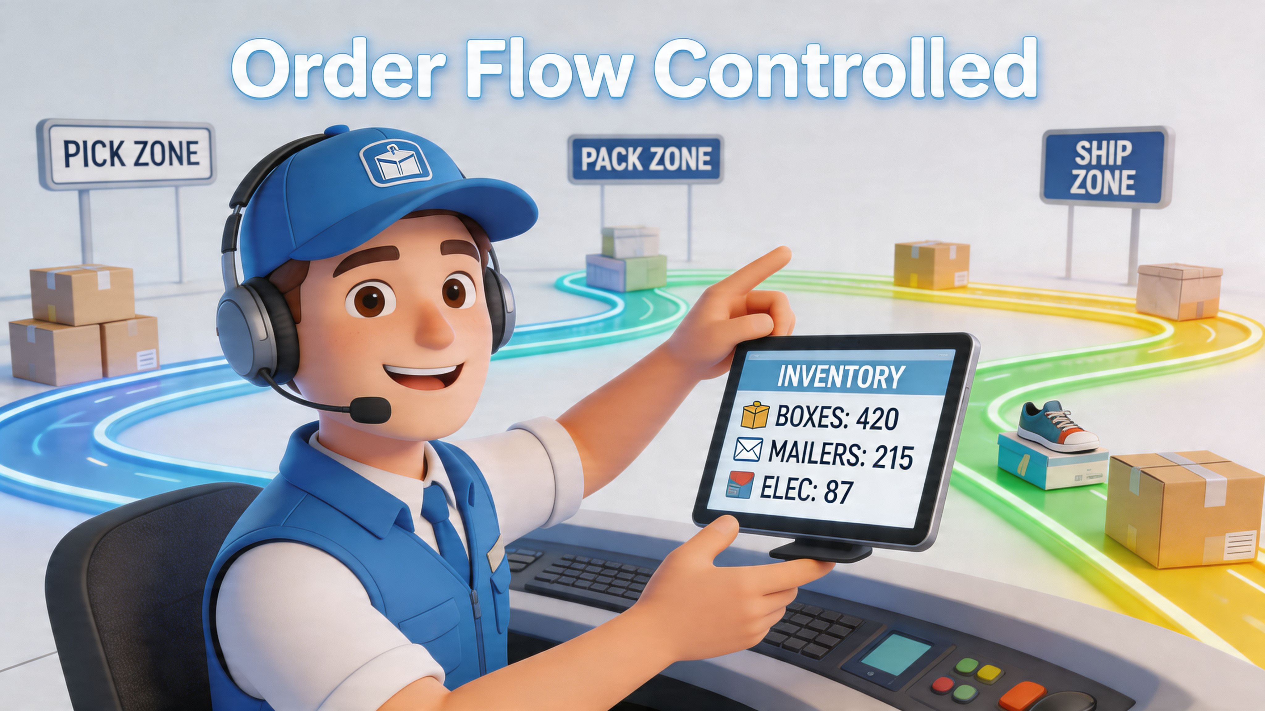 A cartoon logistics worker managing inventory levels on a digital tablet within a warehouse workflow system.