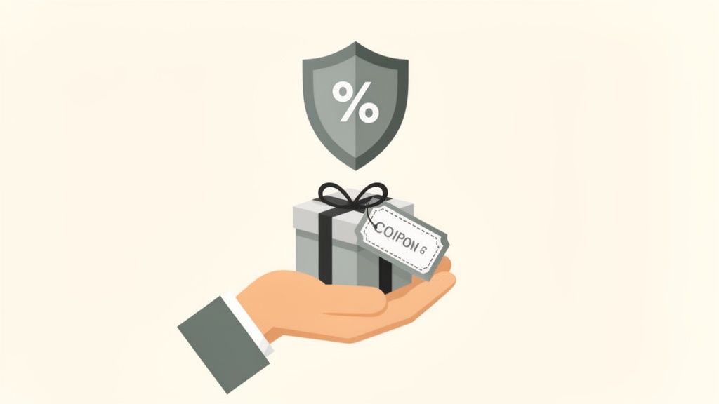 A hand holding a gift box with a 'COUPON' tag, featuring a shield with a percentage symbol above.