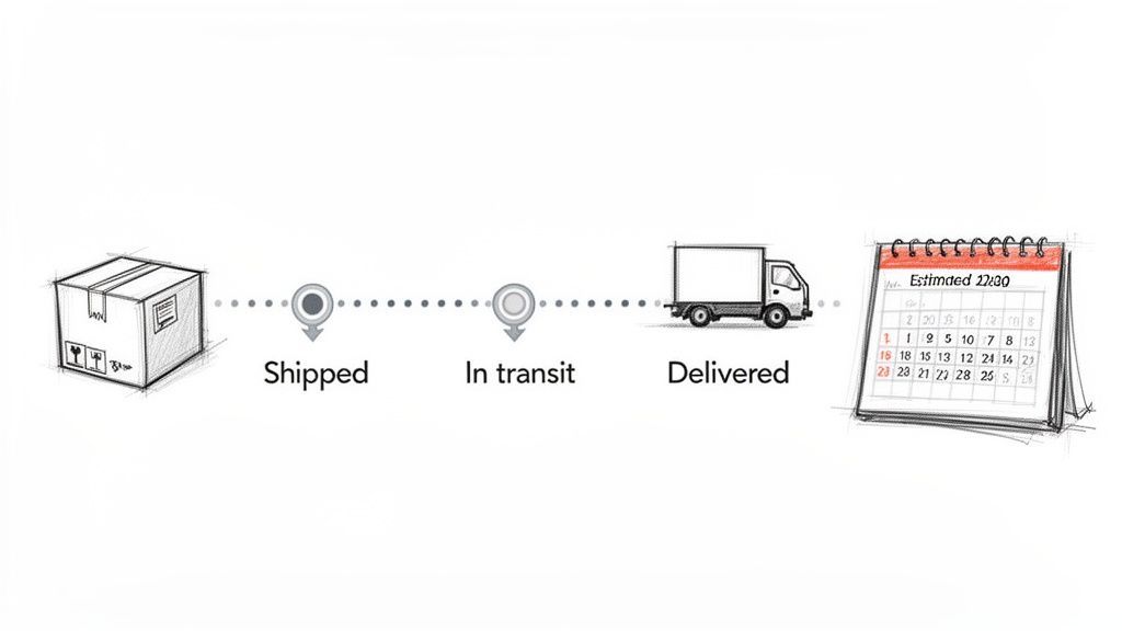 Illustrated timeline showing package delivery progress: Shipped, In transit, Delivered, with an estimated date on a calendar.