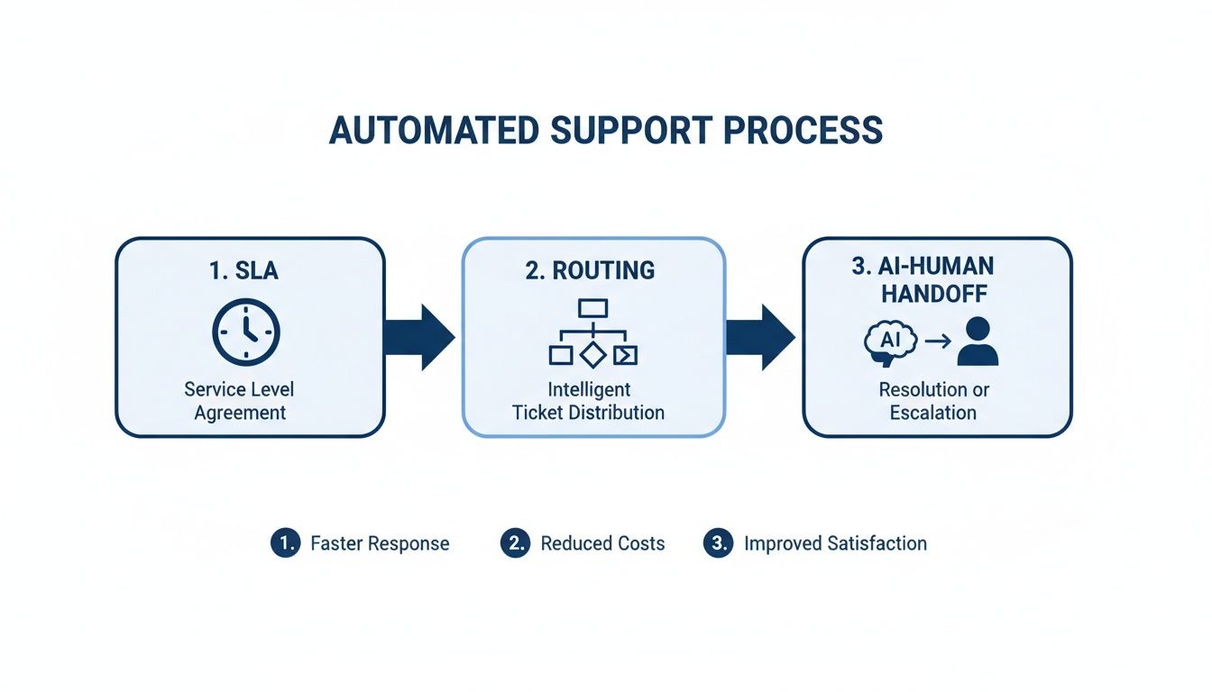 Flowchart illustrating an automated support process with three steps: SLA, Routing, and AI-Human Handoff, detailing benefits.