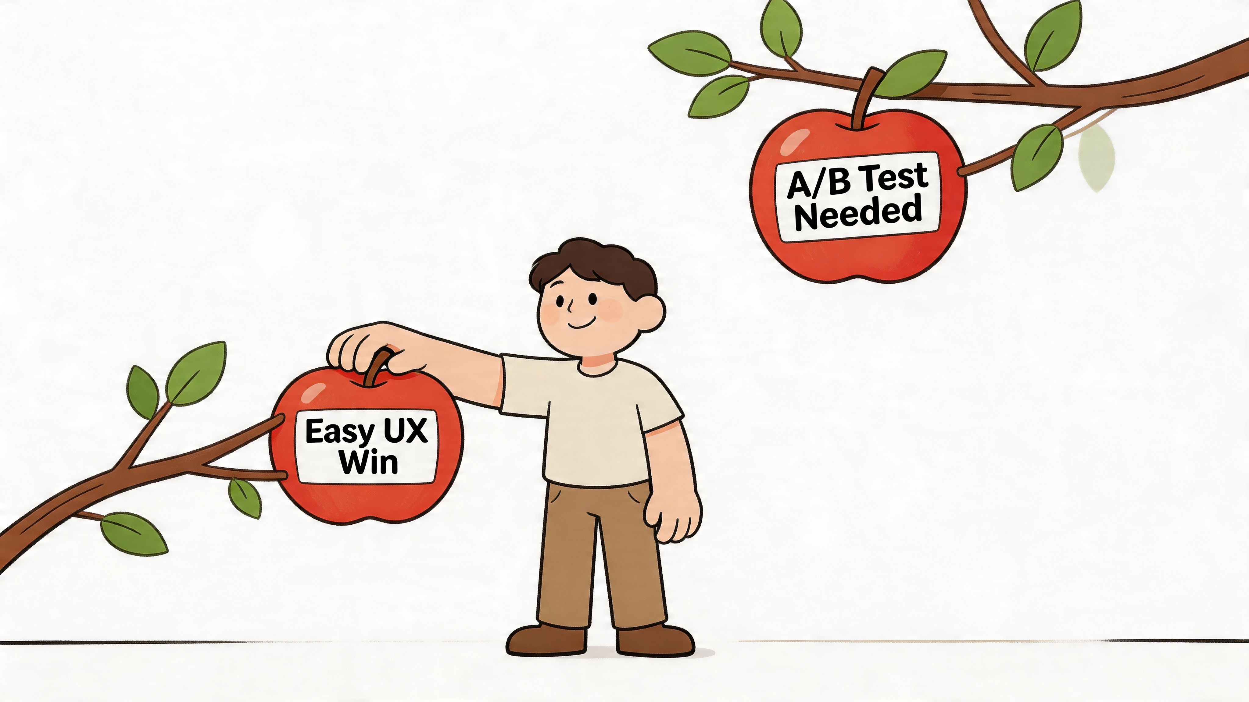 A cartoon person choosing between a low-hanging Easy UX Win apple and a higher A/B Test Needed apple.