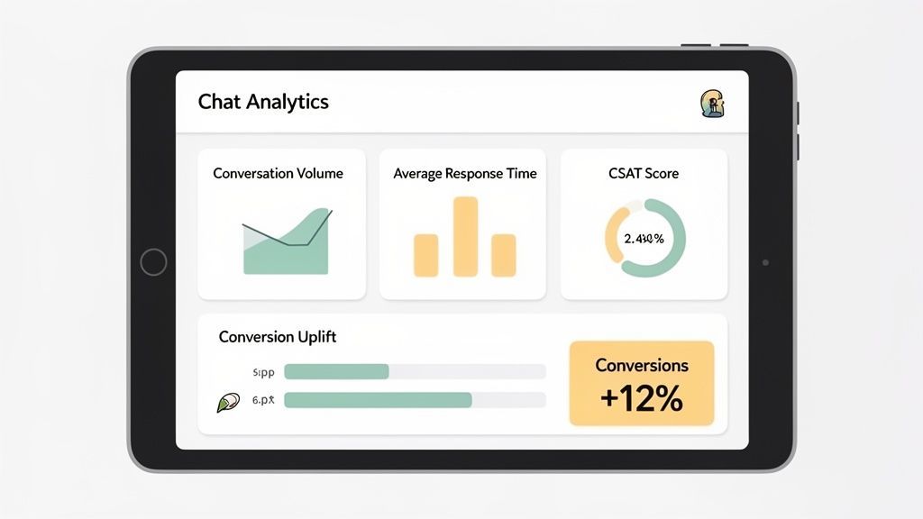 A tablet displays a 'Chat Analytics' dashboard showing conversation volume, response time, CSAT score, and +12% conversions.