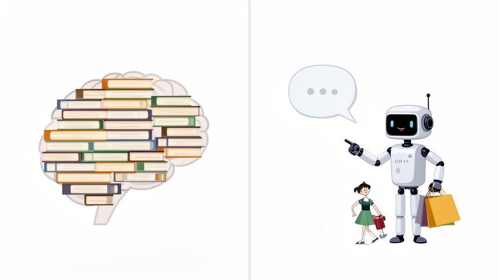A brain filled with books representing data, alongside a CRM robot interacting with a shopper holding bags.