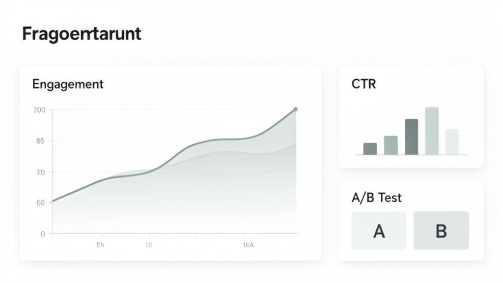 A data analytics dashboard displaying engagement trends, click-through rate bars, and A/B test options.
