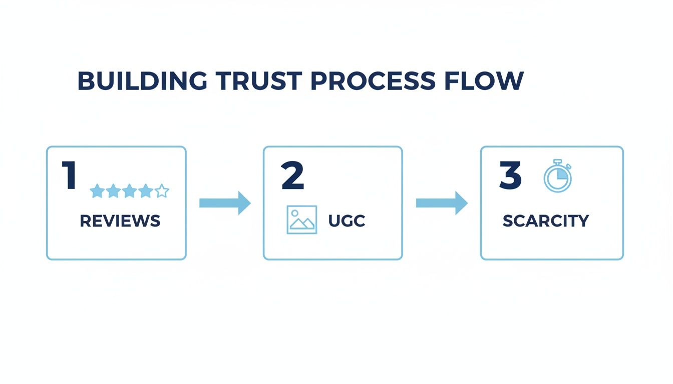 A process flow illustrating three steps to build trust: Reviews, User-Generated Content (UGC), and Scarcity.