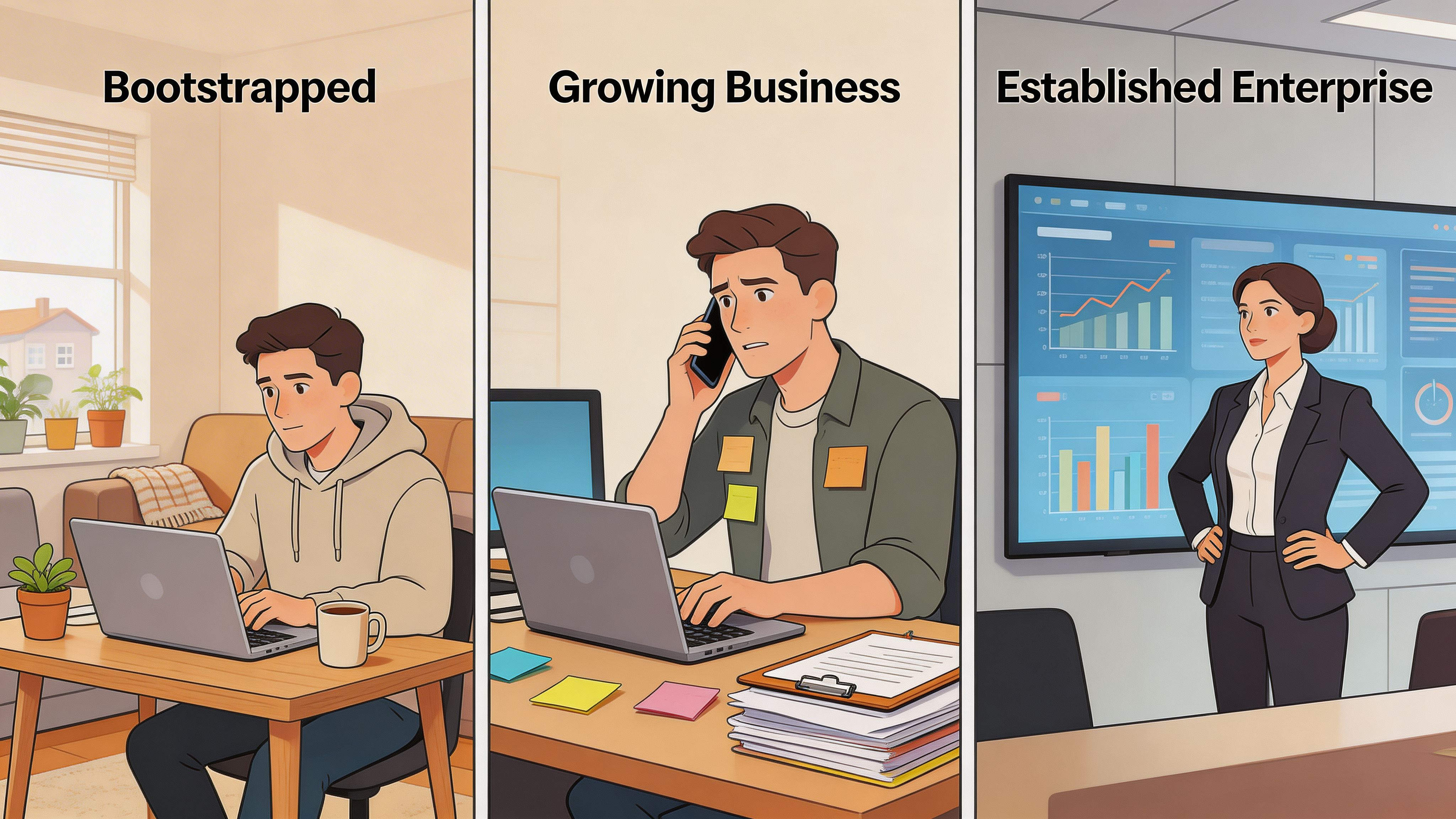 An illustration showing the three business growth stages: bootstrapped startup, growing business, and established enterprise.