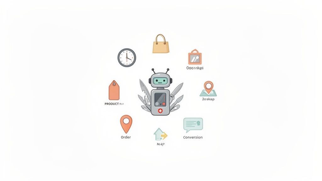 A versatile robot with multiple tools, surrounded by icons symbolizing various business functions like order and conversion.