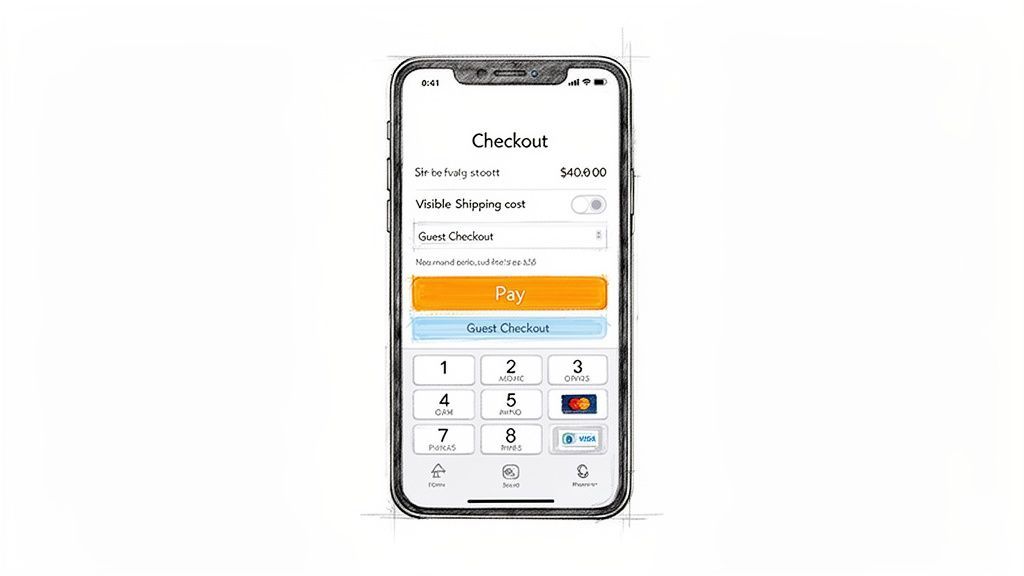 A smartphone displays a mobile checkout screen with payment options and a numeric keypad.
