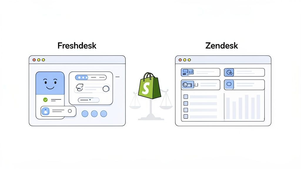 Illustration comparing Freshdesk and Zendesk user interfaces, with a Shopify shopping bag balanced on a scale.