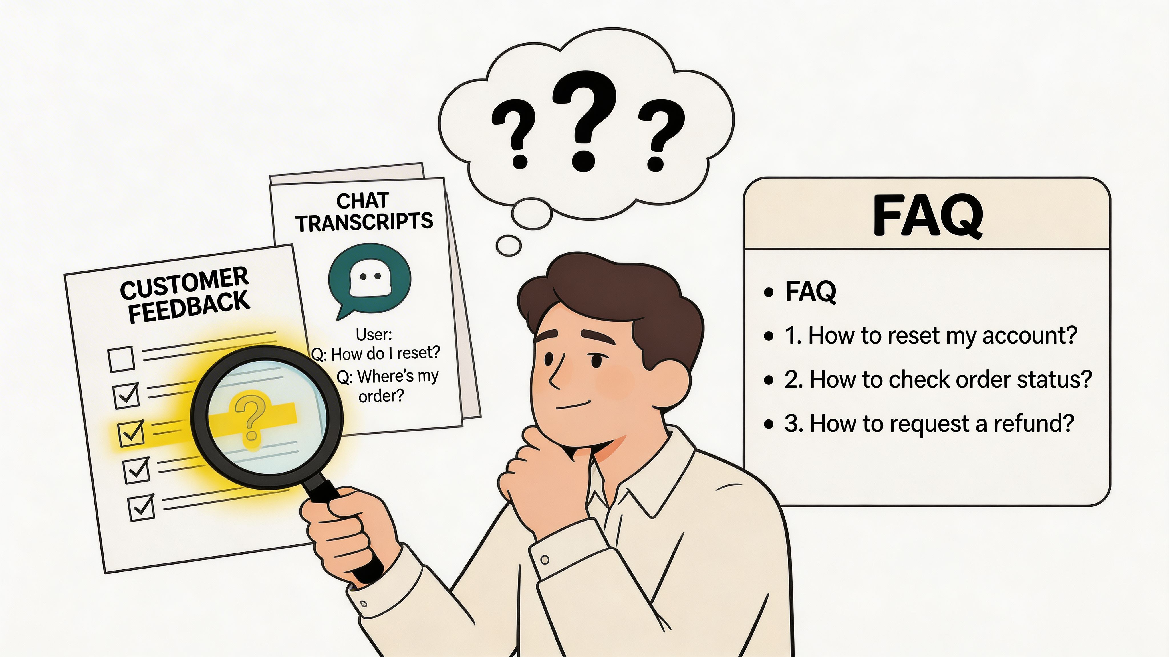 A man analyzing customer feedback documents to develop a frequently asked questions page for improved support.