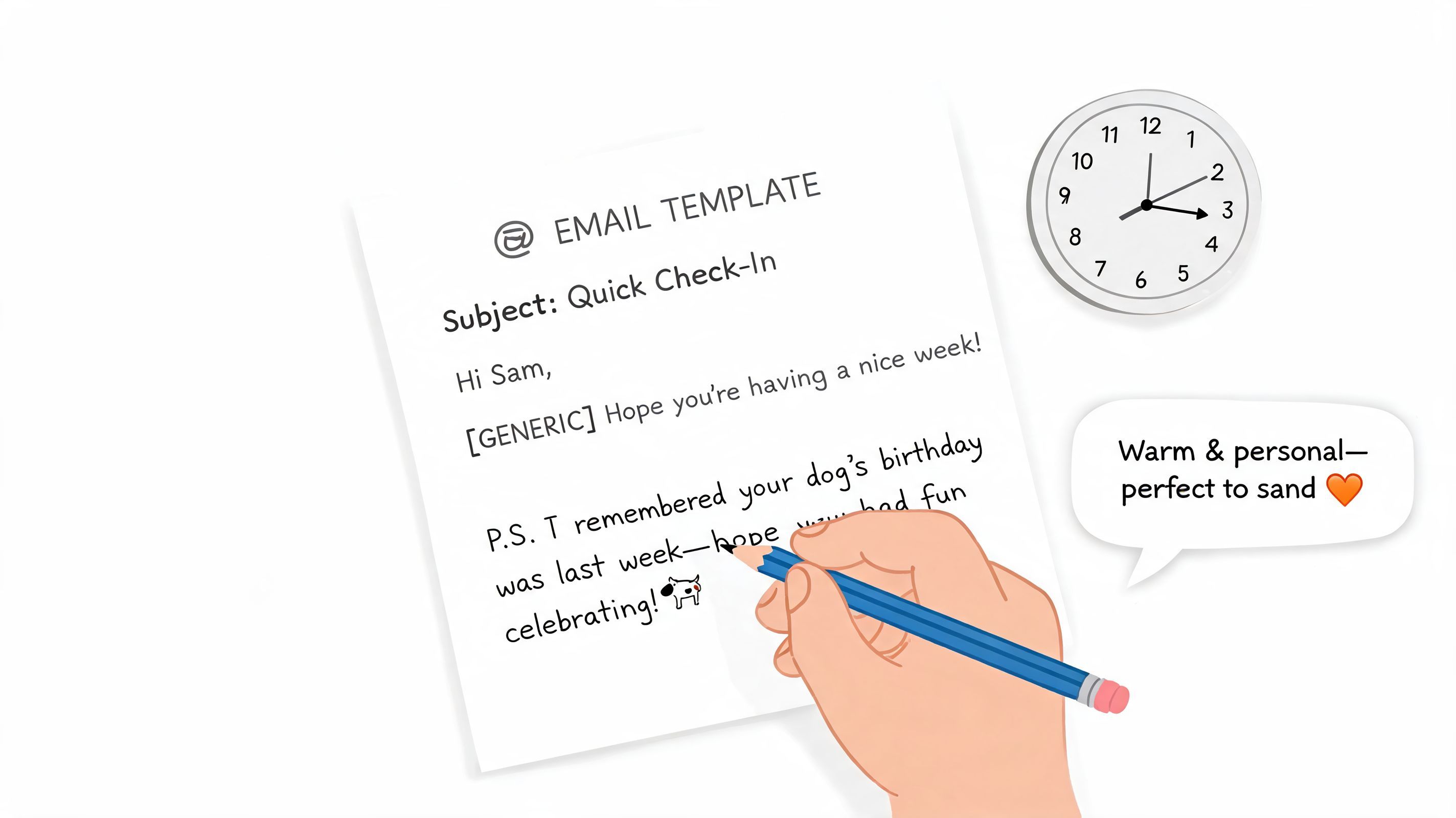 A hand writes a personalized postscript on an email template next to a wall clock.