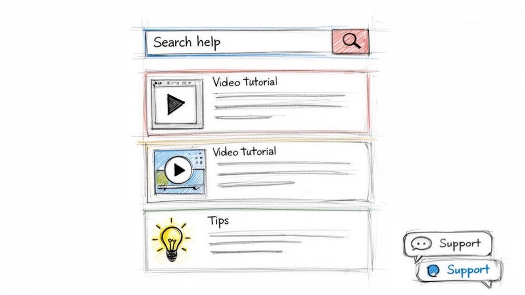 Hand-drawn sketch of a help center UI with search bar, video tutorials, tips, and support buttons.