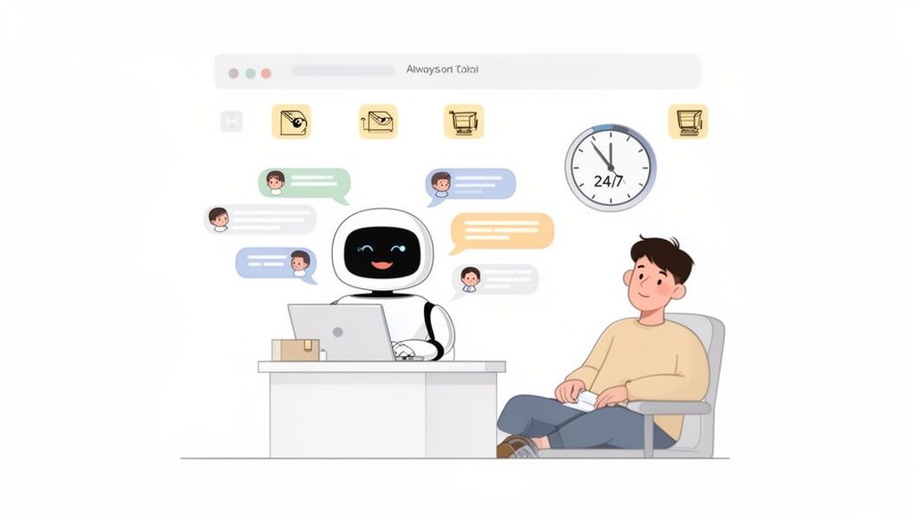 A friendly robot uses a laptop for 24/7 automated customer service while a man observes.