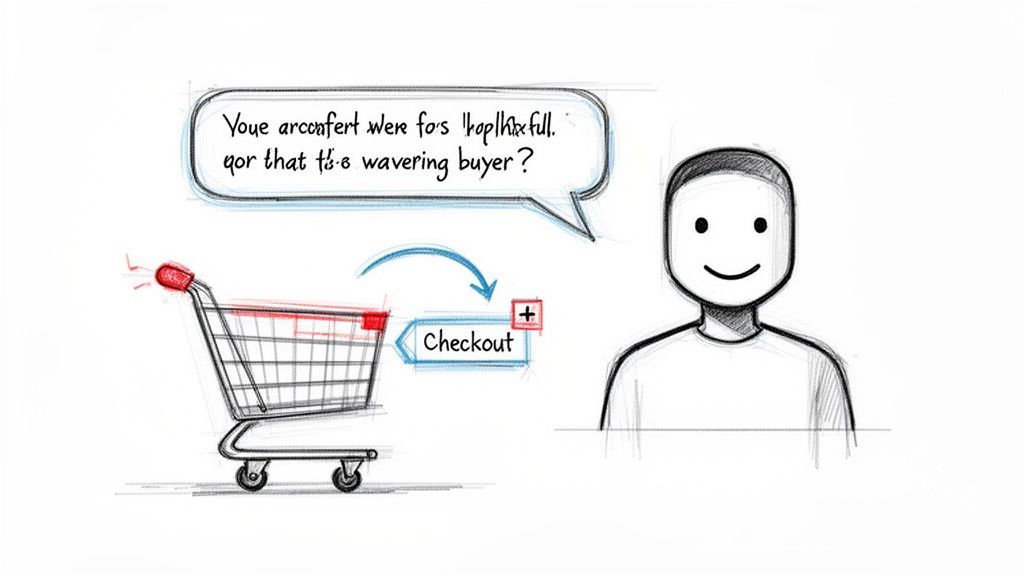 Hand-drawn illustration of a smiling customer next to a shopping cart leading to a 'Checkout' button.