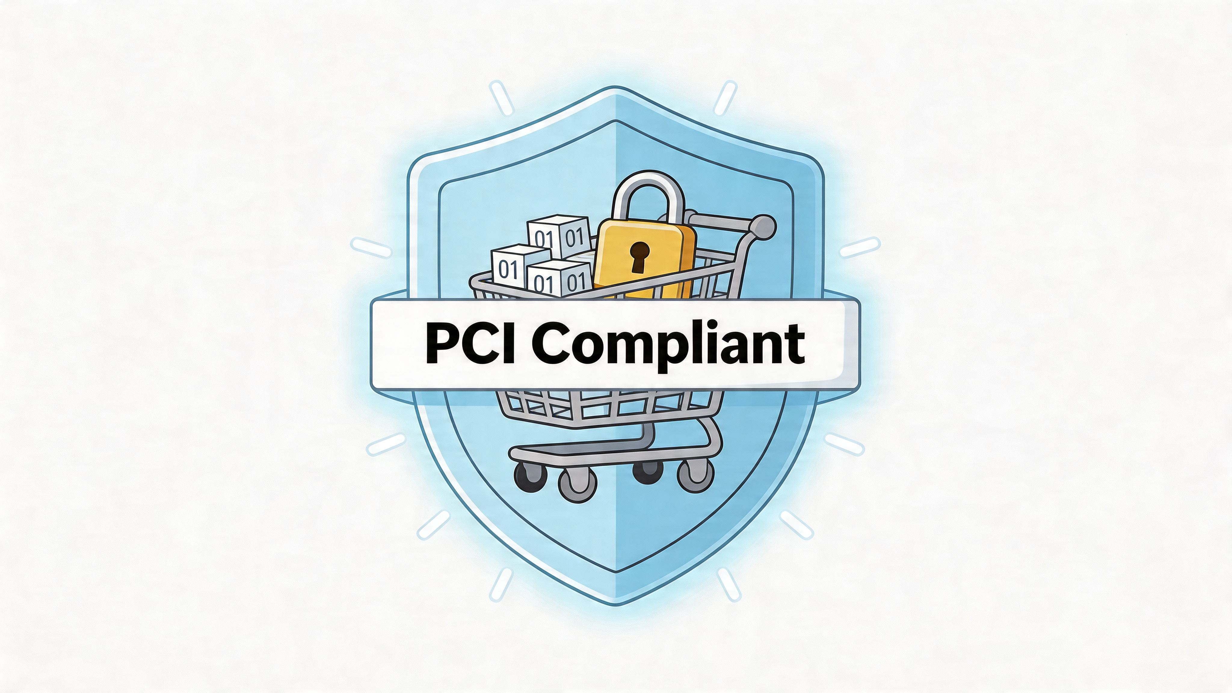 A secure shield icon with a shopping cart, a gold padlock, and data blocks representing PCI compliance.