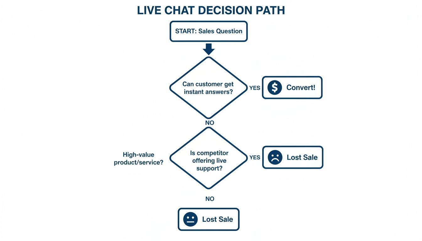 Flowchart illustrating a live chat decision path, showing conversion if customers get instant answers, or lost sales otherwise.