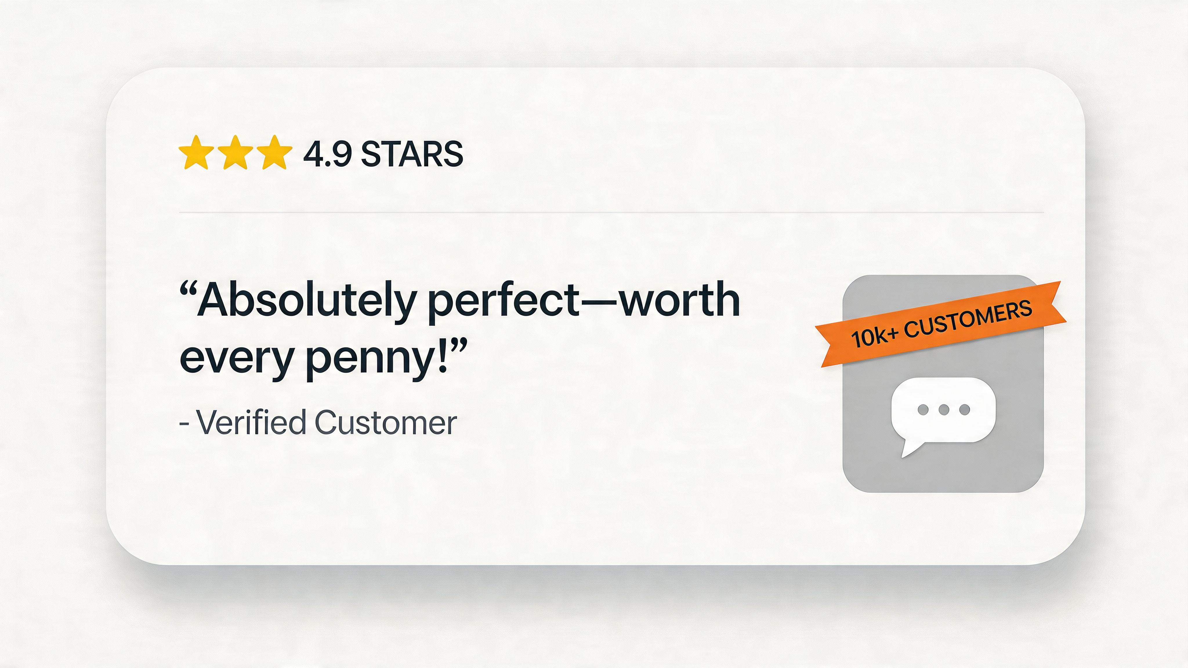 A testimonial card featuring a 4.9-star rating, a customer review, and an icon denoting 10k plus customers.