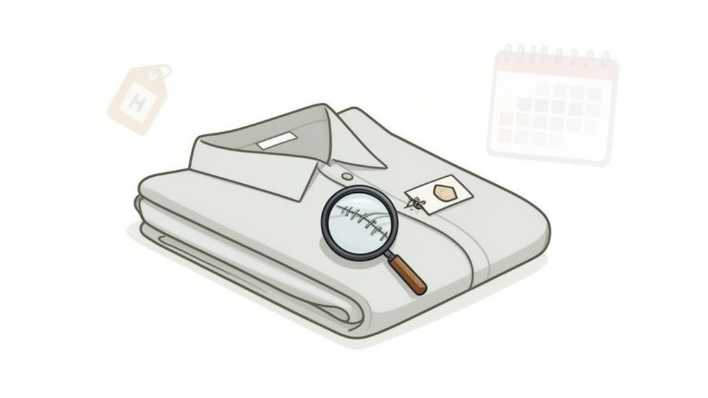 A neatly folded white shirt with a magnifying glass inspecting a stitched defect near a garment tag.