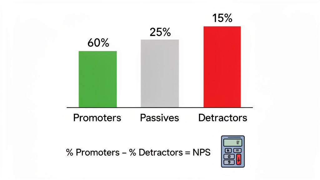 Bar chart illustrating Net Promoter Score (NPS) calculation with percentages for promoters, passives, and detractors.
