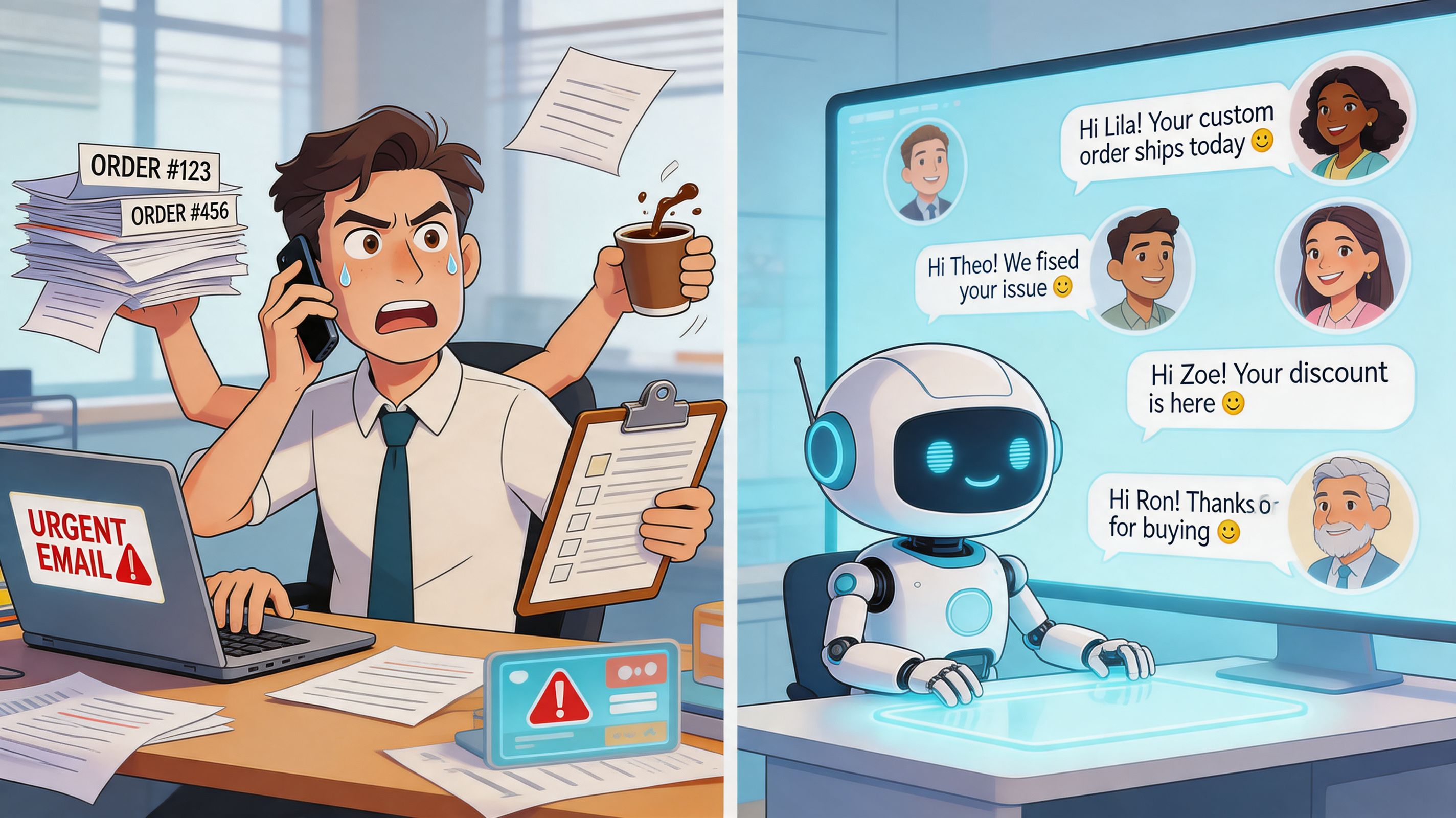 A split image comparing a stressed worker multitasking versus an efficient robot handling customer emails.