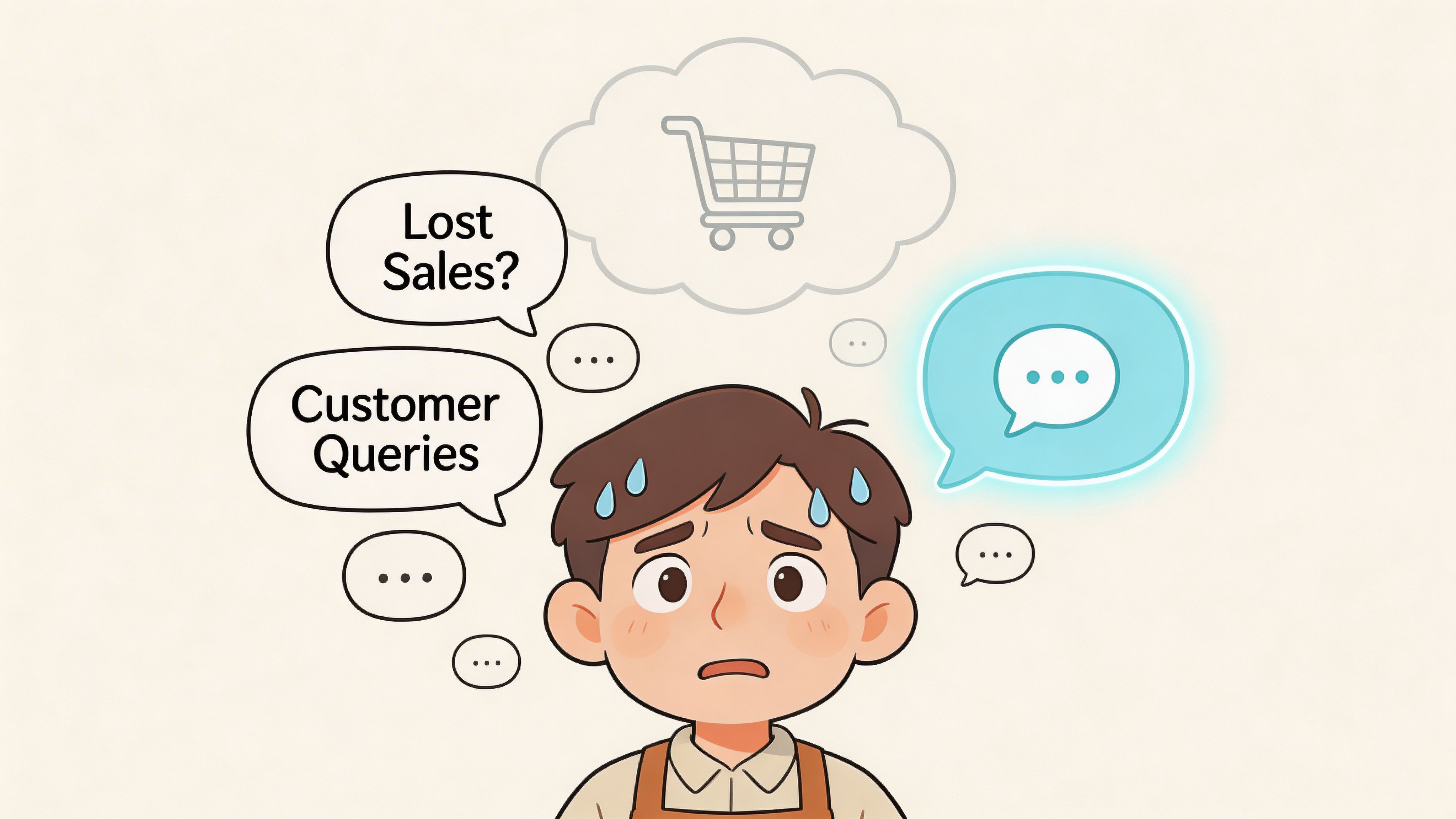 A worried shop owner thinking about lost sales, customer queries, and website chat messages.