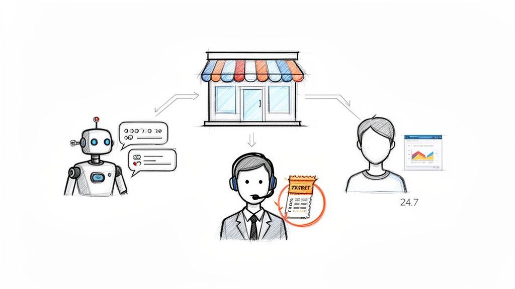A diagram illustrating a store's customer service with a chatbot, a human agent, and data analysis.