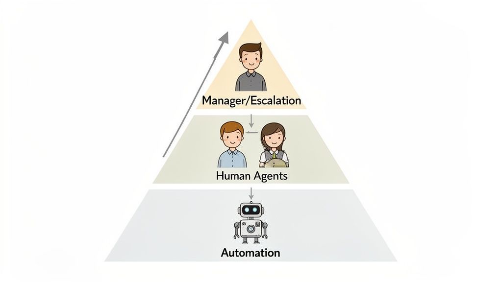 A three-tier customer support pyramid showing Automation, Human Agents, and Manager/Escalation.