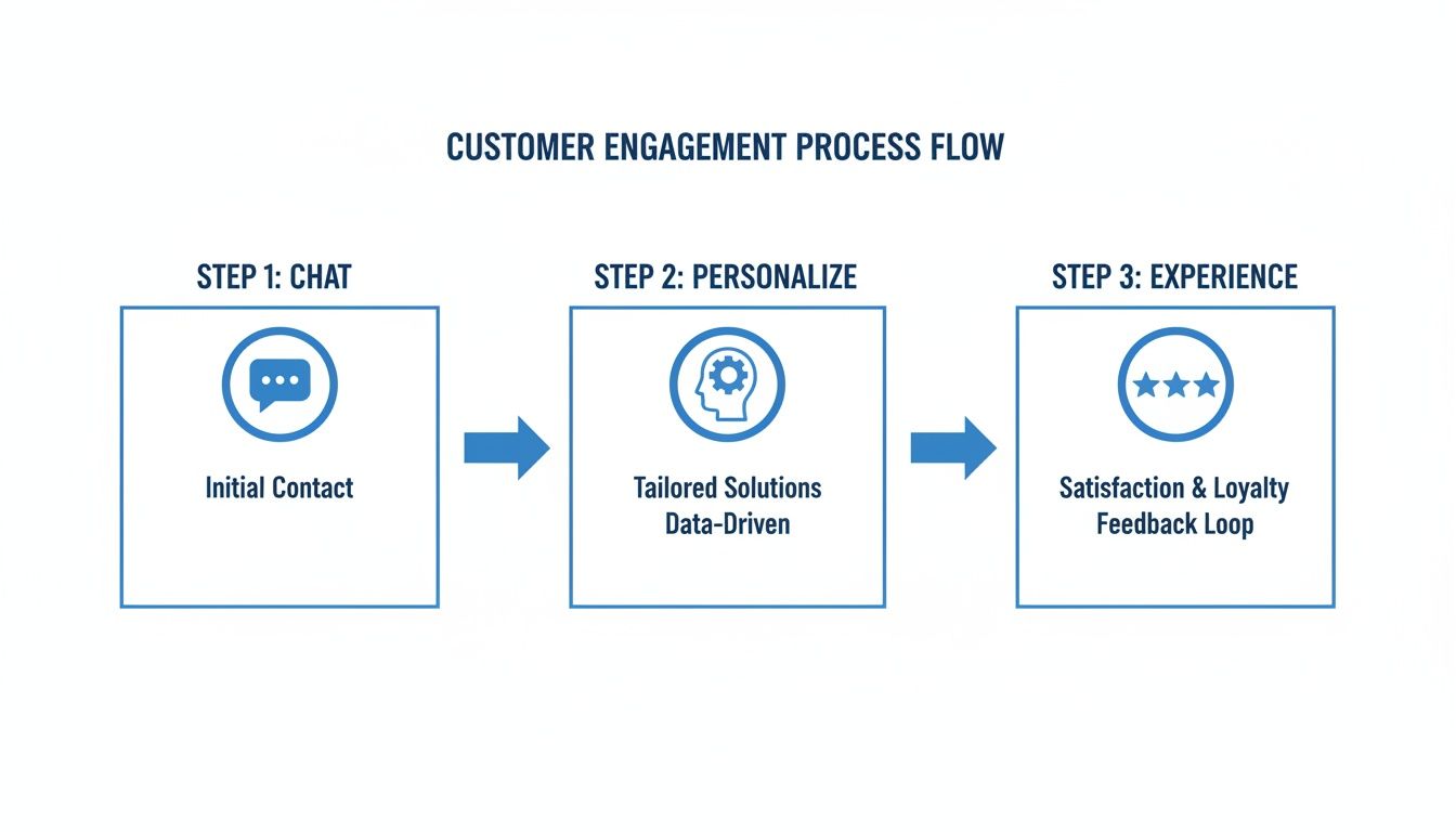 A flowchart outlining a three-step customer engagement process: chat, personalize, and experience.