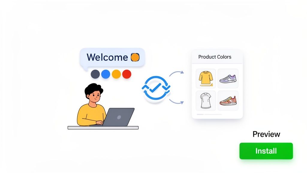An illustration of a person customizing product colors on a laptop, with a preview and install button.