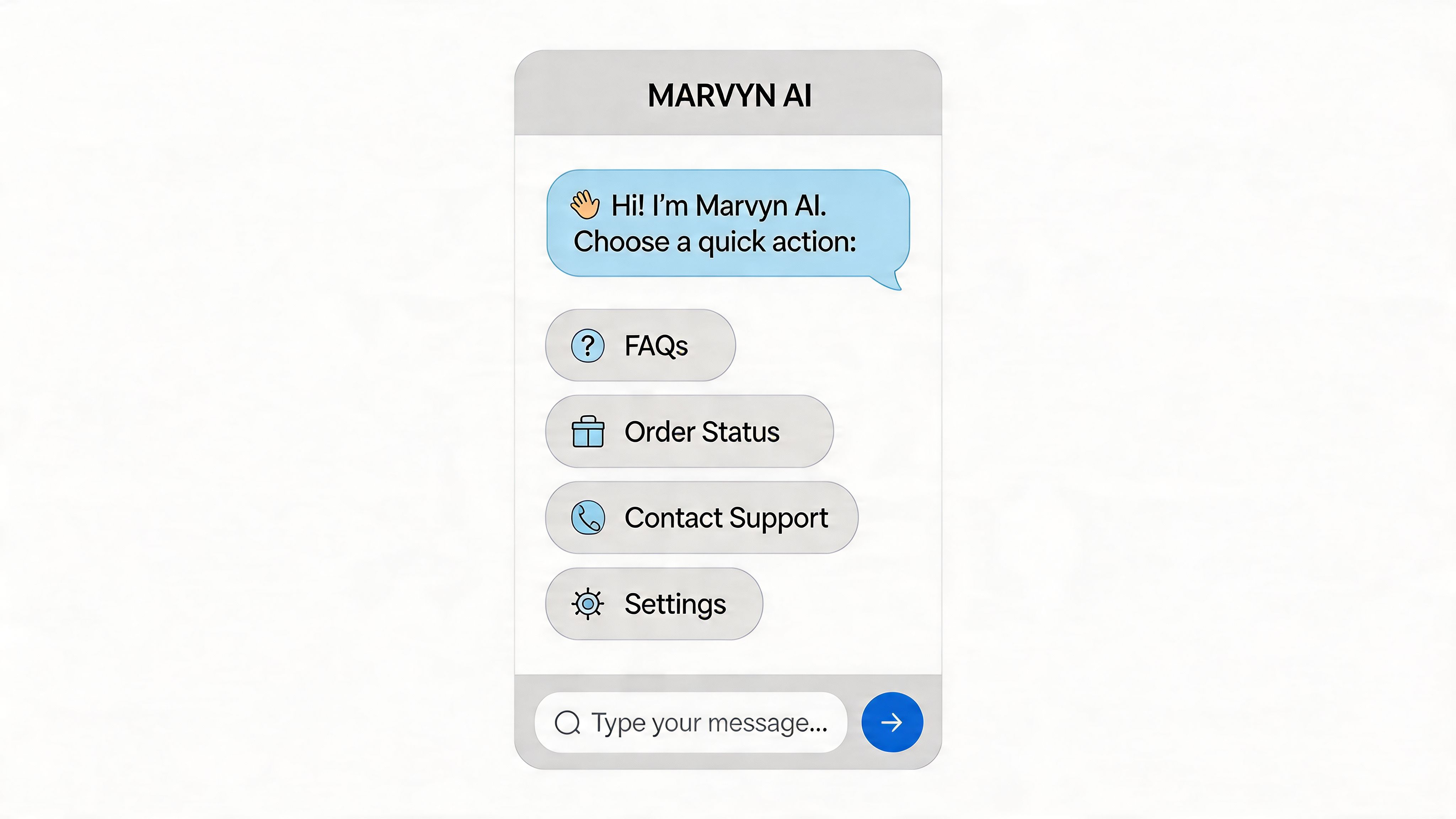 A digital chat interface with a greeting from Marvyn AI and interactive buttons for customer support options.