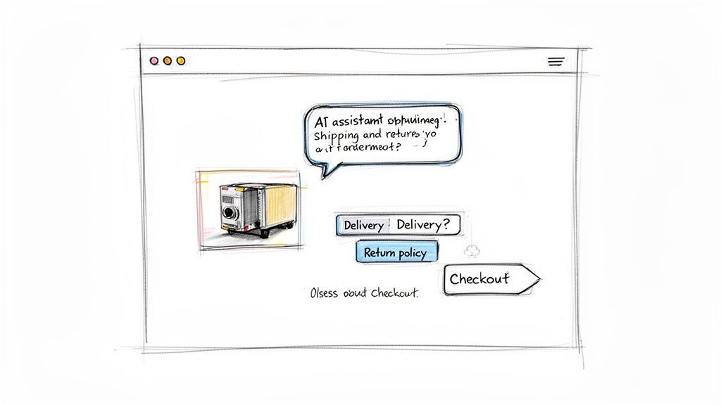 A hand-drawn sketch of an e-commerce website interface showing a product, AI assistant chat, and checkout options.