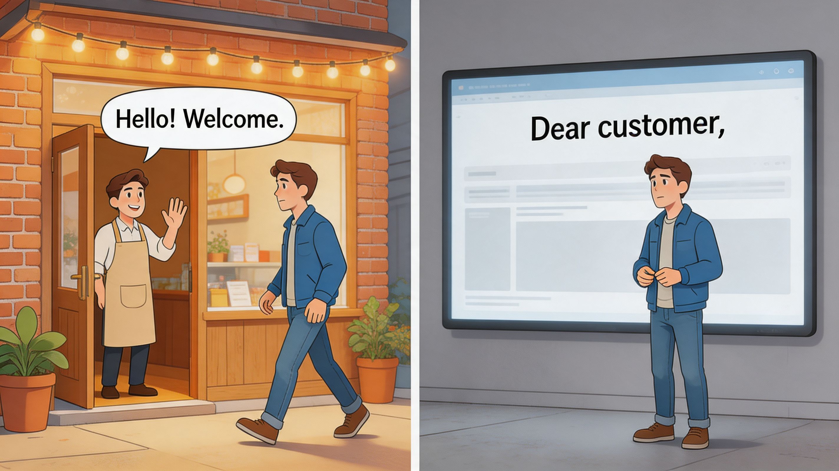 A split image showing a friendly in-person store greeting versus a impersonal digital email greeting.