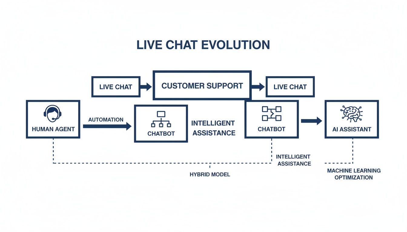 A flowchart illustrating the live chat evolution from human agents to chatbots and intelligent AI assistants.
