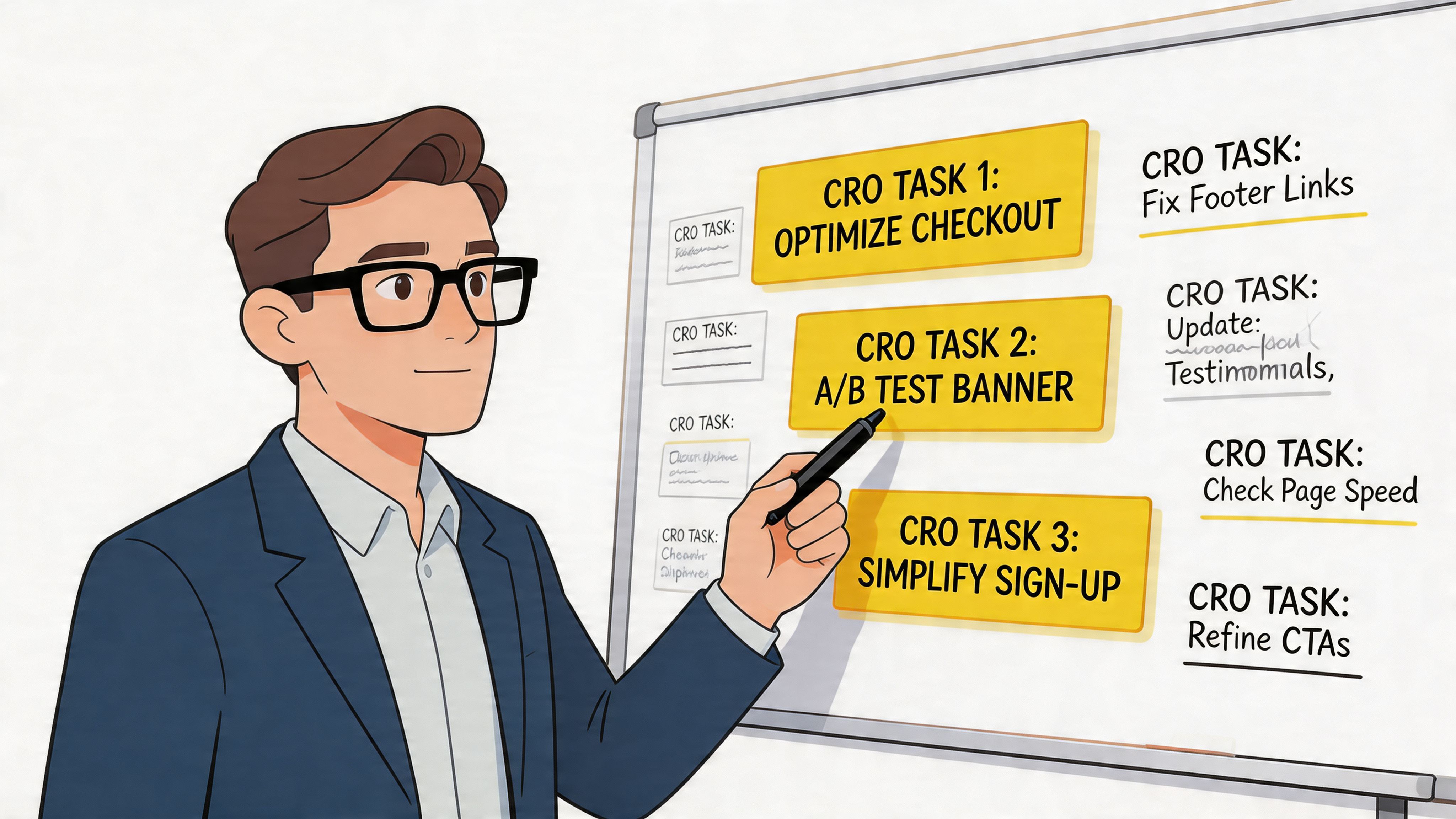 A professional man pointing at a whiteboard listing various tasks for improving conversion rate optimization.